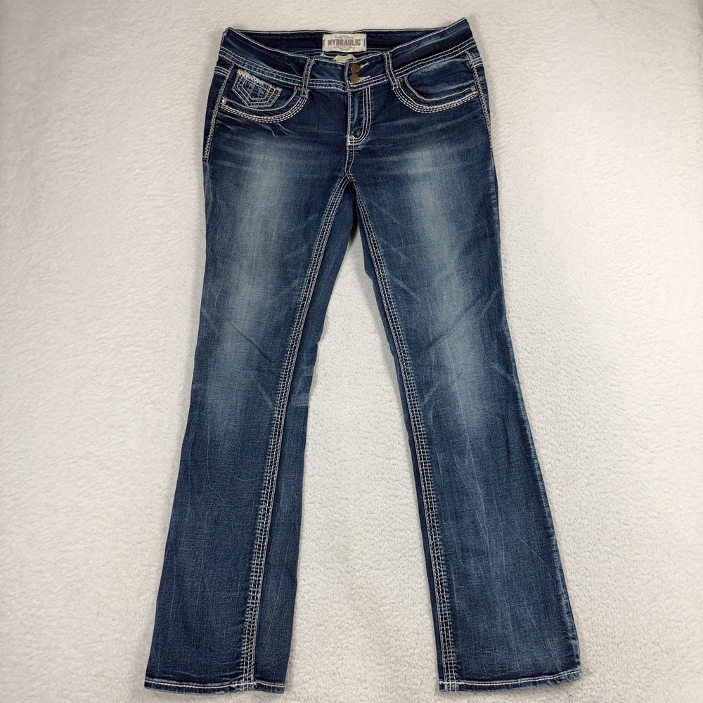 Hydraulic Gramercy Womens Slim Bootcut Jeans 12 (33x31) Embroidered Pockets Blue